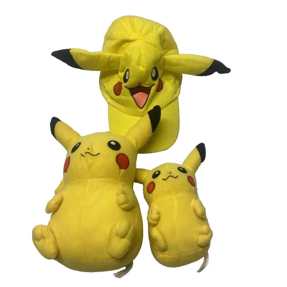 Pokemon Plush Pikachu Lot of 3 with 3 D Cap Yellow